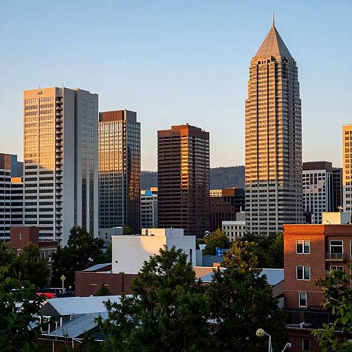 Photograph of a cityscape at sunset, featuring tall skyscrapers with golden sunlight, surrounded by shorter buildings and green trees in the foreground.
