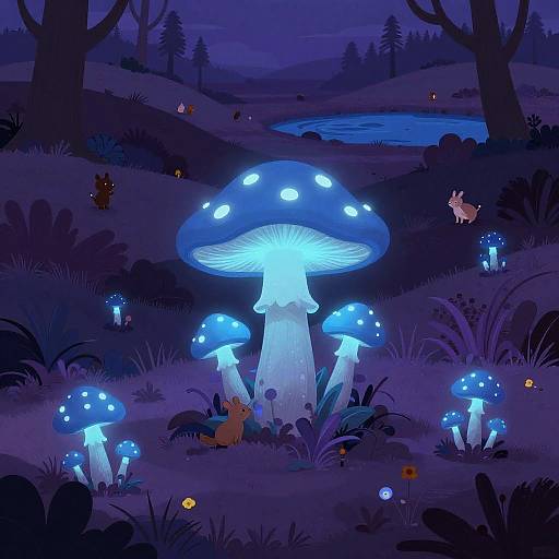 Digital illustration of a glowing blue mushroom forest at night, with luminescent fungi, small creatures, and a serene lake in the background.