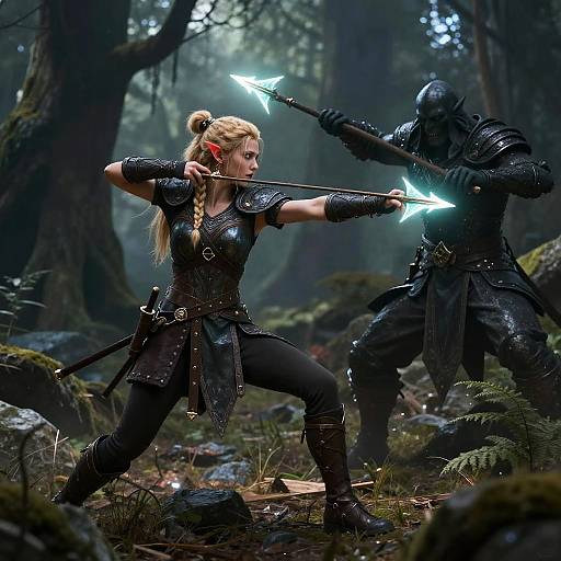 Photorealistic CGI of a blonde woman in black armor, dual-wielding glowing blue daggers, facing a masked armored opponent in a misty forest