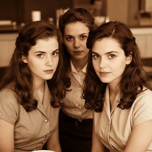 Sepia-toned photograph of three women with wavy dark hair, wearing 1940s-style button-up shirts; two in foreground, one slightly
