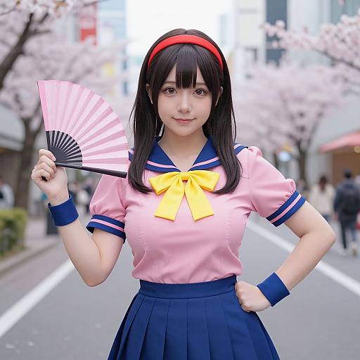 Photograph of an anime-style cosplayer in a pink sailor uniform with blue trim, yellow bow, holding a pink fan, standing on a cherry blossom