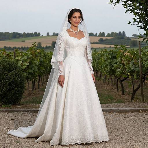 Photograph of a smiling South Asian bride in a white lace wedding dress and veil, standing in a vineyard with rolling hills in the background.