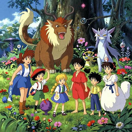 Anime-style illustration of six children and two fantastical creatures in a vibrant, flower-filled forest. One creature is a large, brown, fluffy beast,