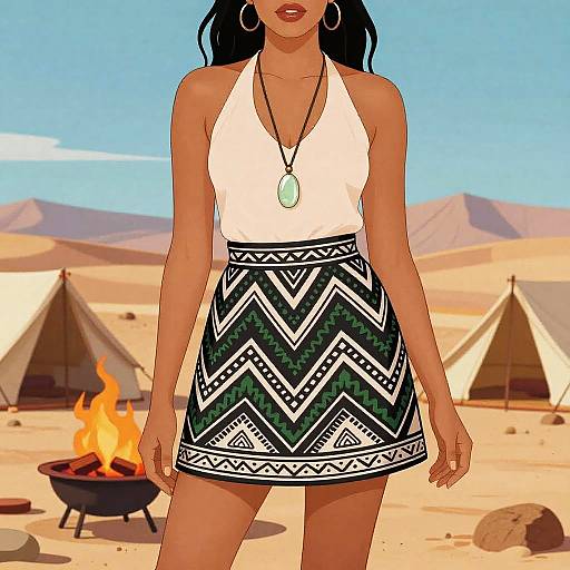 Digital illustration of a dark-skinned woman in a white halter top and black-white-green patterned skirt, standing in a desert campsite with tents