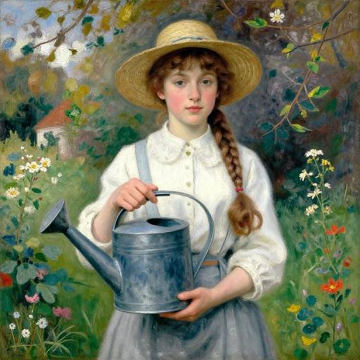 Painting of a young girl with a straw hat, white blouse, and gray apron, holding a blue metal watering can, amidst a colorful,