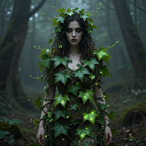 Photograph of a pale, ethereal woman with long, wet hair, wearing a leaf and vine dress adorned with glowing green lights, standing in a