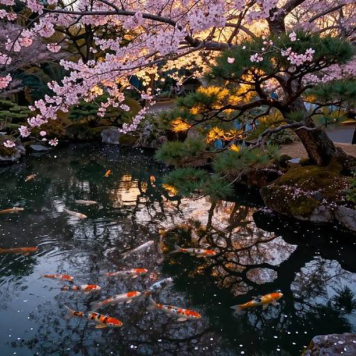 Photograph of a serene Japanese garden at sunset, featuring colorful koi fish swimming in a reflective pond beneath blooming pink cherry blossoms and illuminated,