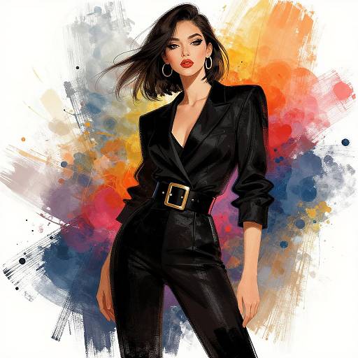 Digital illustration of a confident woman with black bob, red lipstick, wearing a black blazer and pants, large hoop earrings, and a belt, set