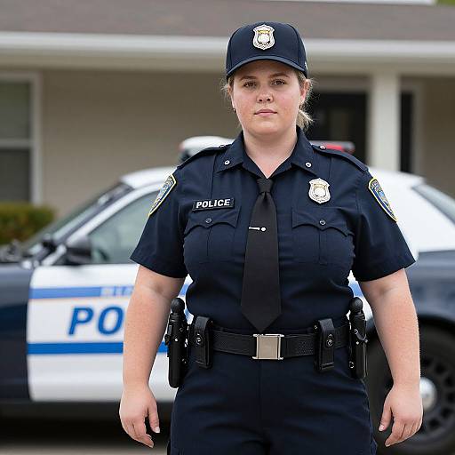 Photograph of a serious-looking white female police officer with light skin, wearing a dark blue uniform and cap, standing in front of a police car outside