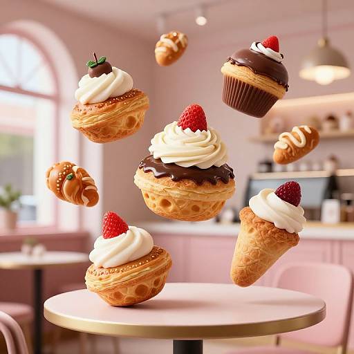 Photorealistic CGI of floating pastries: waffle cups with chocolate and whipped cream, and strawberry-topped cupcakes, in a bright, pink café