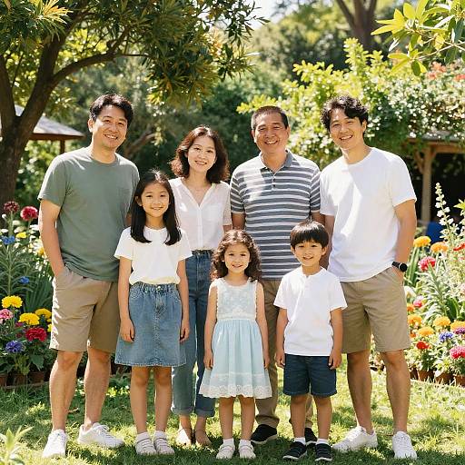 Photograph of six smiling Asian family members in casual summer clothes, standing in a sunny, colorful garden with trees and flowers.