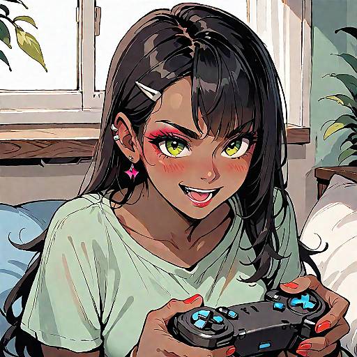 Anime Dark-skinned Girl Playing Games