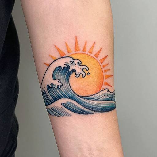 Tattoo of a vibrant orange sun with rays, set behind a blue wave, on a pale arm. Traditional Japanese style.