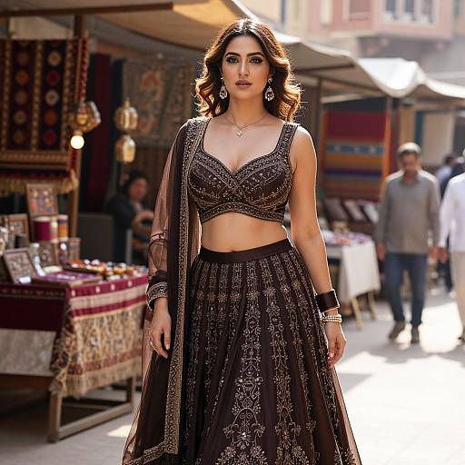 Photograph of a confident woman with wavy brown hair, wearing an ornate black lehenga choli, standing in a bustling outdoor market with blurred