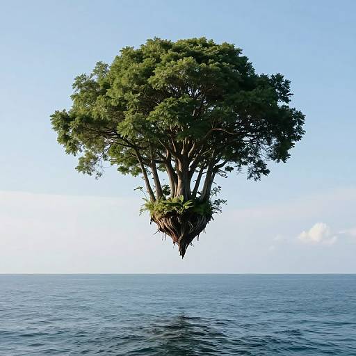 Photorealistic CGI of a floating, lush green island tree with dense foliage, hanging above a calm, blue ocean under a clear sky.