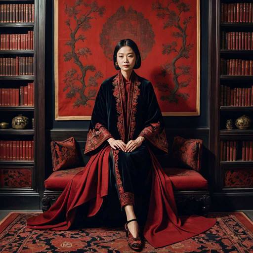 Elegant Woman in Crimson Embroidered Robes in Cozy Library