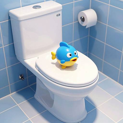 Photograph of a white toilet with a blue and yellow rubber duck on the seat in a light blue-tiled bathroom. Toilet paper roll on the right