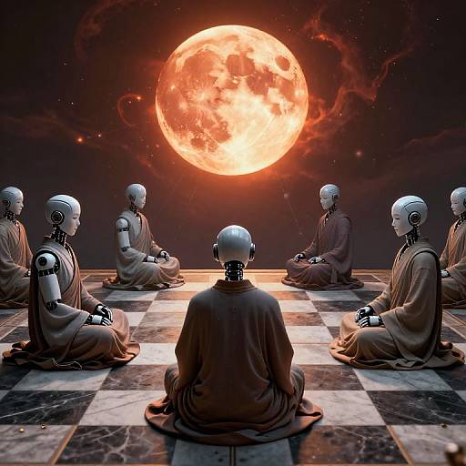 Digital art: Seven robotic monks with white heads, brown robes, seated in a checkered courtyard, facing a large, glowing red moon.