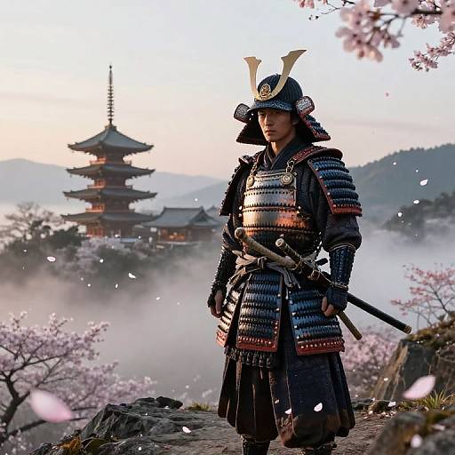 Photograph of a samurai in traditional armor standing amidst cherry blossoms, with a misty background and a traditional Japanese pagoda.