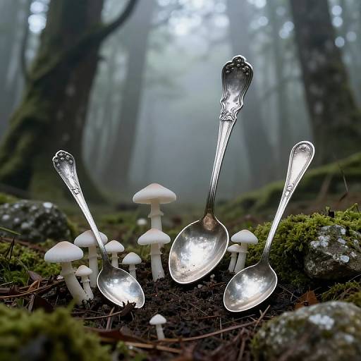 Surreal Silver Spoons in Forest