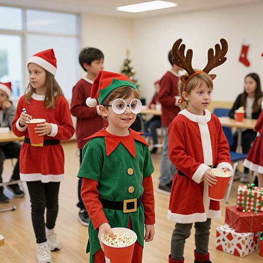 Photograph of children in a classroom wearing festive Christmas costumes: one with an elf outfit and reindeer antlers, another in a Santa hat and red