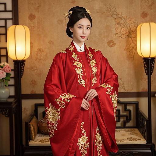 Photograph of an Asian woman in a traditional red Chinese qipao with gold floral embroidery, standing in an elegant room with lanterns and floral wallpaper