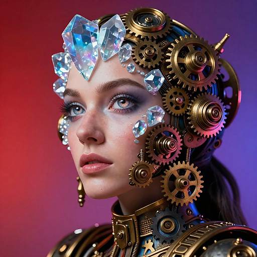 Photorealistic digital artwork of a pale-skinned woman with blue eyes, wearing a futuristic headpiece of crystal gems and brass gears, set against a