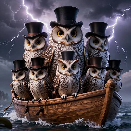 Digital artwork of six owls wearing black top hats, sailing a wooden boat in a stormy sea with lightning.