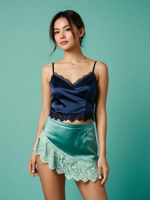 Chic Woman in Navy Satin and Mint Skirt