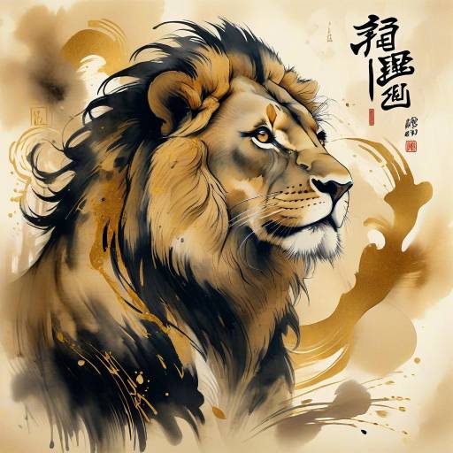 Majestic Lion in Traditional Ink Wash Art