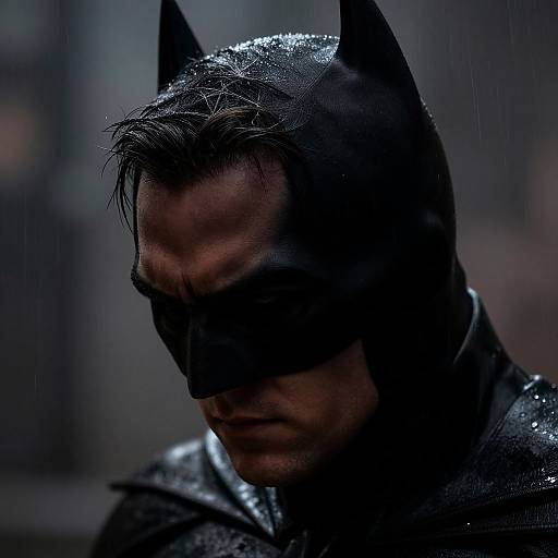 Photograph of a grimacing Batman with wet, dark hair and mask, raindrops visible on his black, textured cowl in dim, moody