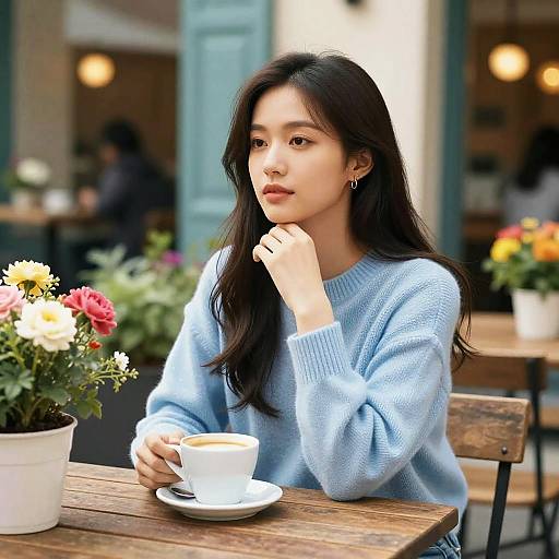 Young Woman Enjoying Coffee at Outdoor Cafe