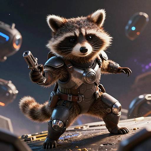 CGI image of a furry, armored raccoon holding a gun, standing on a futuristic platform with floating drones in a dark, starry background.