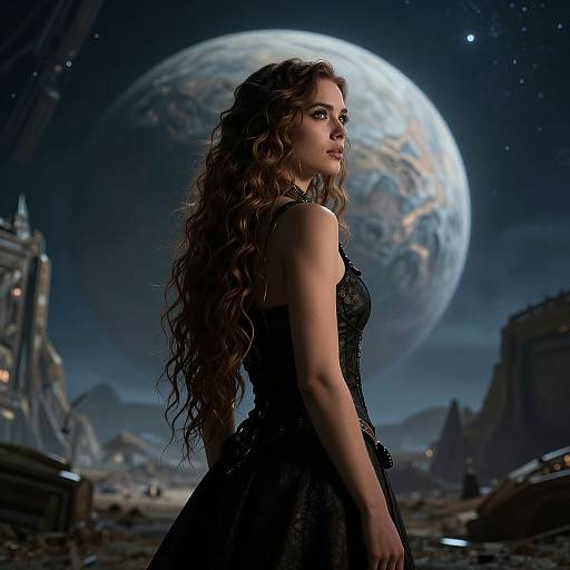 Photograph-style digital artwork: strong, long-haired woman in black dress stands confidently against a starry night sky and large planet, futuristic ruins in the