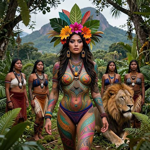 Photorealistic image of a tattooed, topless indigenous woman with colorful tribal patterns, feathered headpiece, and flower crown, walking through jungle