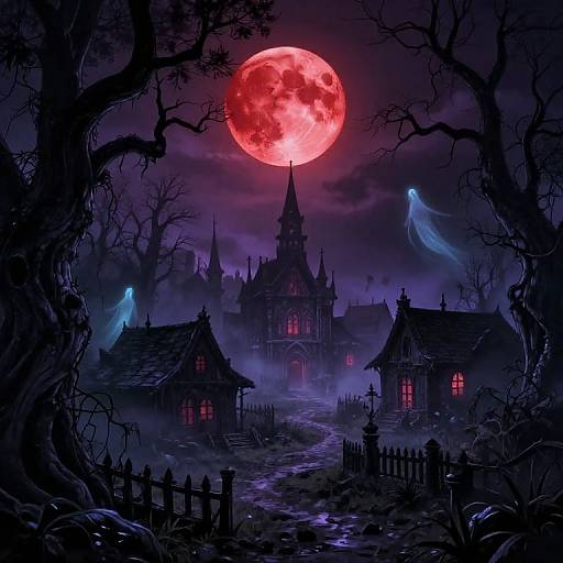 Spooky digital artwork: eerie, dark purple night with a glowing red full moon, haunted Gothic mansion, ghostly blue figures, and silhouet