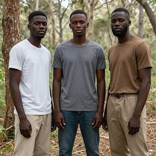 Photograph of three African-American men standing in a forest, wearing white, gray, and brown t-shirts with beige pants, looking serious.