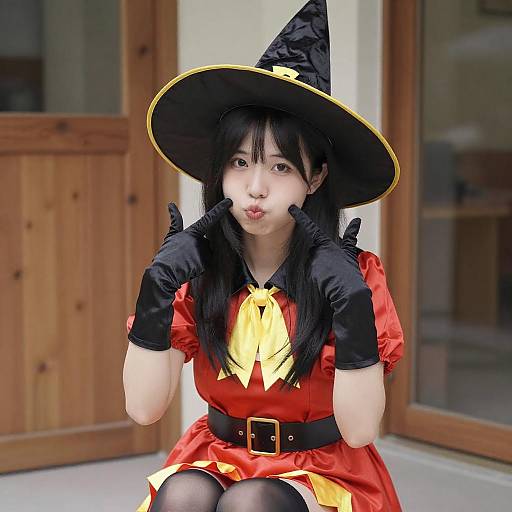 Playful Asian Witch in Costume Indoors