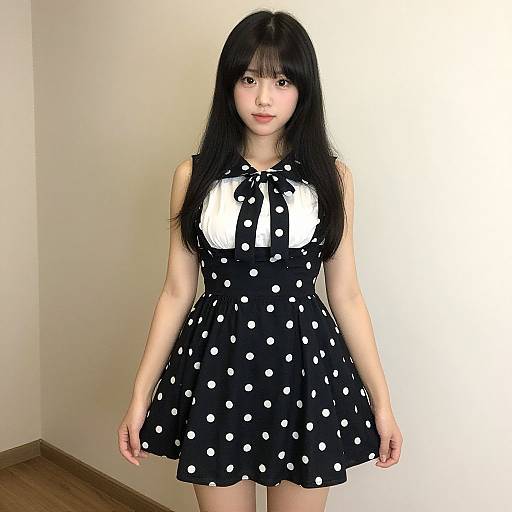 Photograph of an East Asian woman with long black hair, wearing a black polka dot sleeveless dress with white polka dots and a white blouse