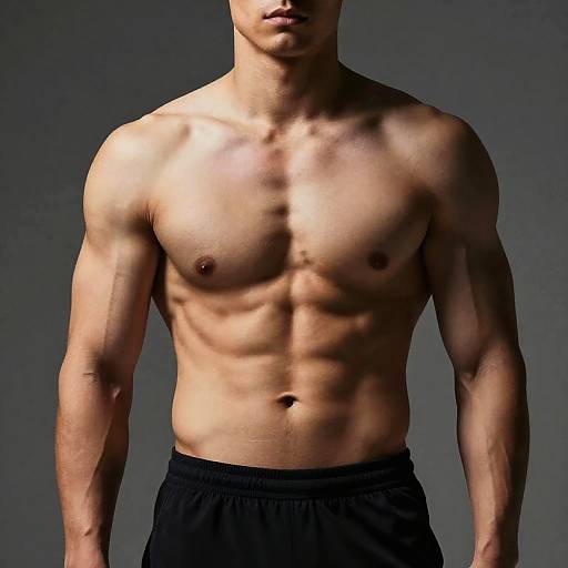 Photograph of a muscular, shirtless Asian man with defined abs, dark pants, and a neutral gray background, highlighting his toned physique.