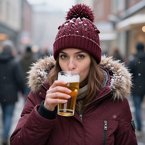 Photograph of a young woman with fair skin, brown hair, and blue eyes, sipping a beer, wearing a maroon knit beanie,