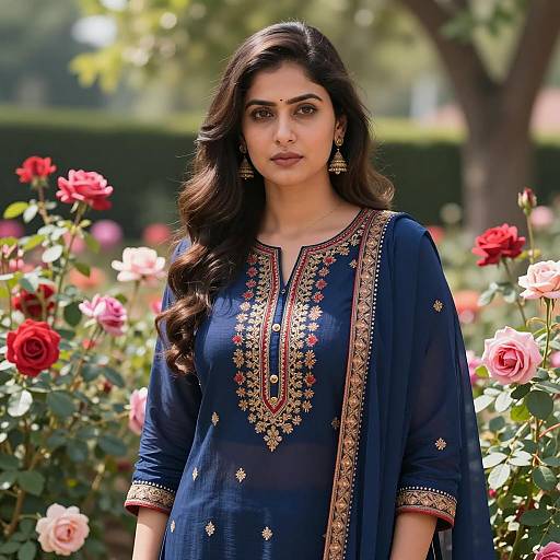 Indian Woman in Blue Punjabi Kameez in Rose Garden