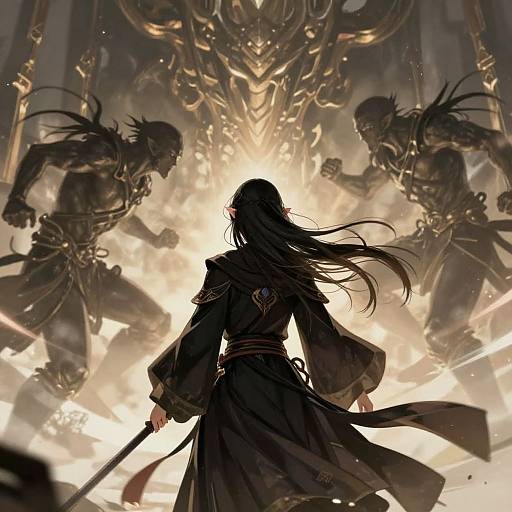 Digital art: Silhouetted warrior with long hair and flowing robe stands courageously, facing glowing, menacing, armored creatures in a fiery, dramatic