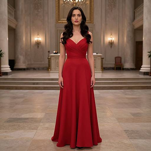 Photograph of a woman with long black hair in a floor-length, red, V-neck gown standing in a grand, ornately decorated hall.
