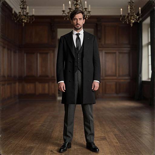 Photograph of a serious, bearded man in a black Victorian-style overcoat, white shirt, black tie, and pinstripe trousers, standing