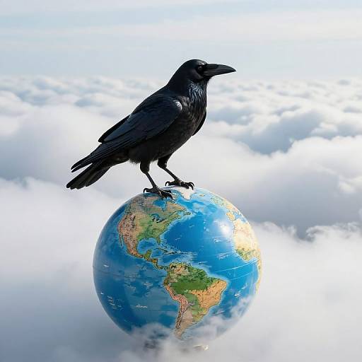 Crow on Globe Amid Ethereal Clouds