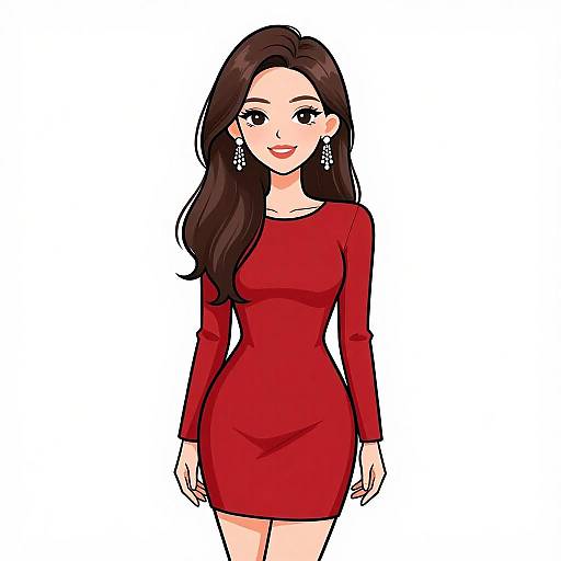 Digital anime-style illustration of a smiling woman with long brown hair, wearing a form-fitting red dress and dangling earrings, standing against a plain white background