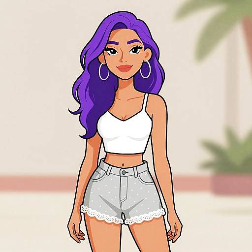 Digital cartoon of a smiling woman with purple hair, wearing a white crop top, white polka-dot shorts, and large hoop earrings, standing against a