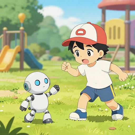 Energetic Boy and Playful Robot