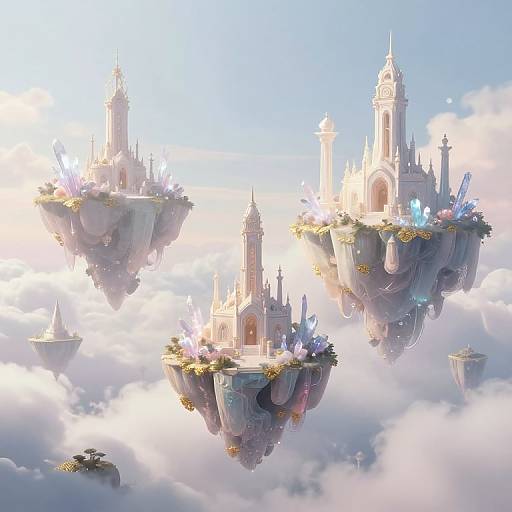 Fantasy CGI image of floating, ornate castle islands with spires, surrounded by fluffy clouds, glowing crystals, and vibrant flora.